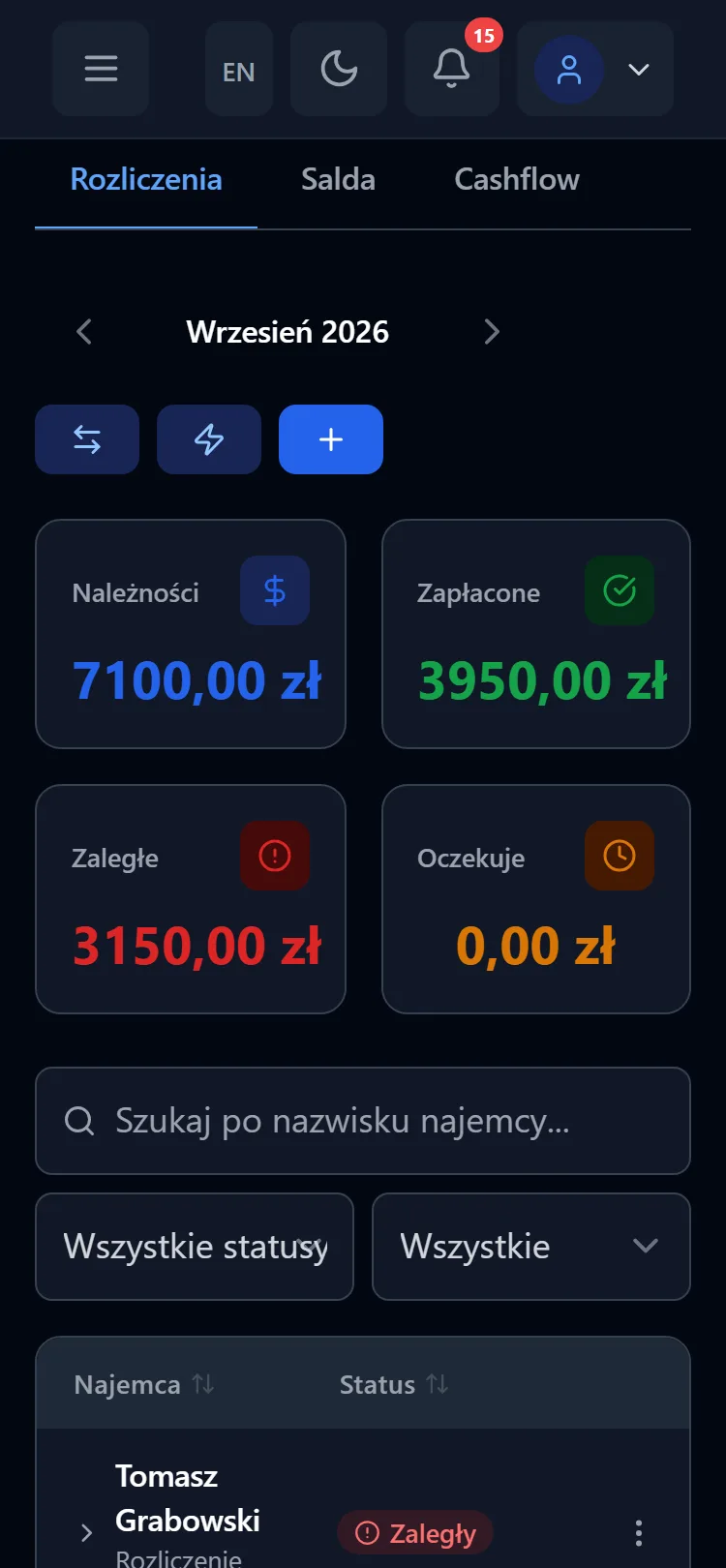 Finanse SmartRentier na telefonie — należności, wpłaty i zaległości w miesiącu