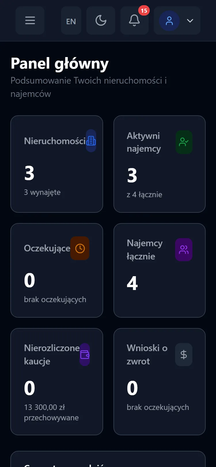 Panel główny SmartRentier na telefonie — liczba nieruchomości, najemców i kaucji